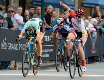 MARIO BARTEL PHOTO Kendelle Hodges celebrates her win in the women's race at Friday's PoCo Grand Prix.